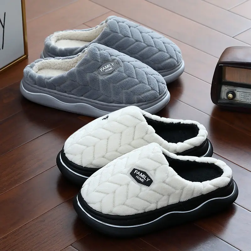 Thick-soled cotton slippers women's autumn and winter 2024 new indoor home non-slip couple poop feeling plush slippers for men - Image 4