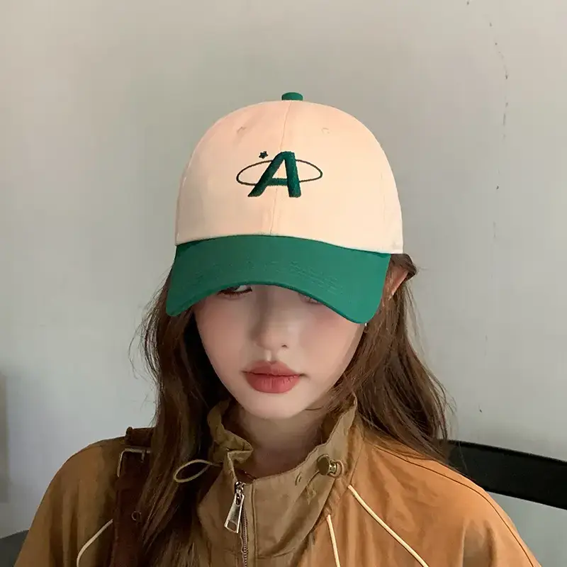 Women Baseball Cap Green White Letter Embroidered Wide Brim