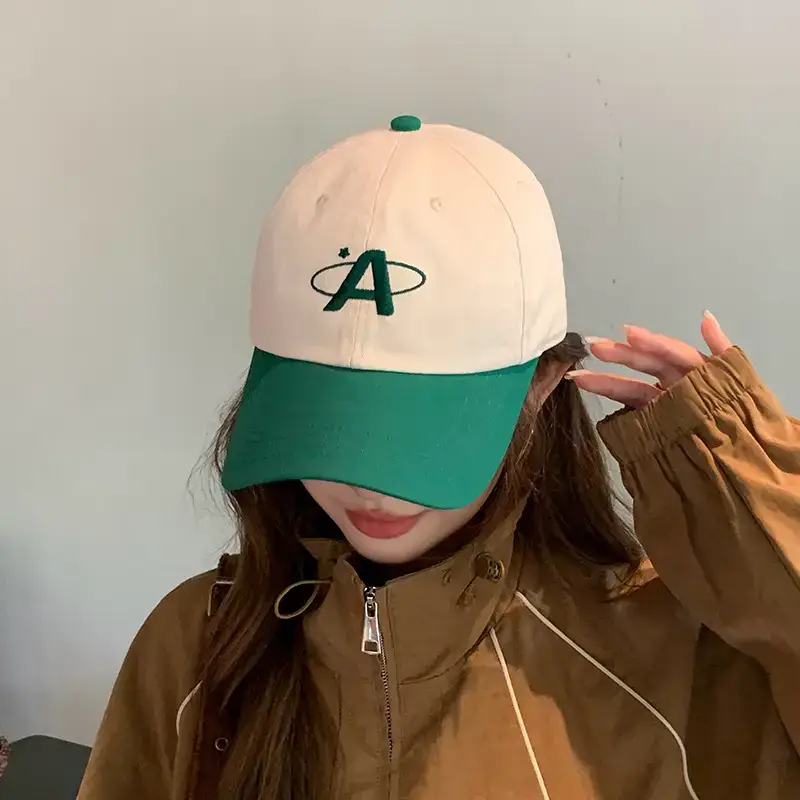 Women Baseball Cap Green White Letter Embroidered Wide Brim