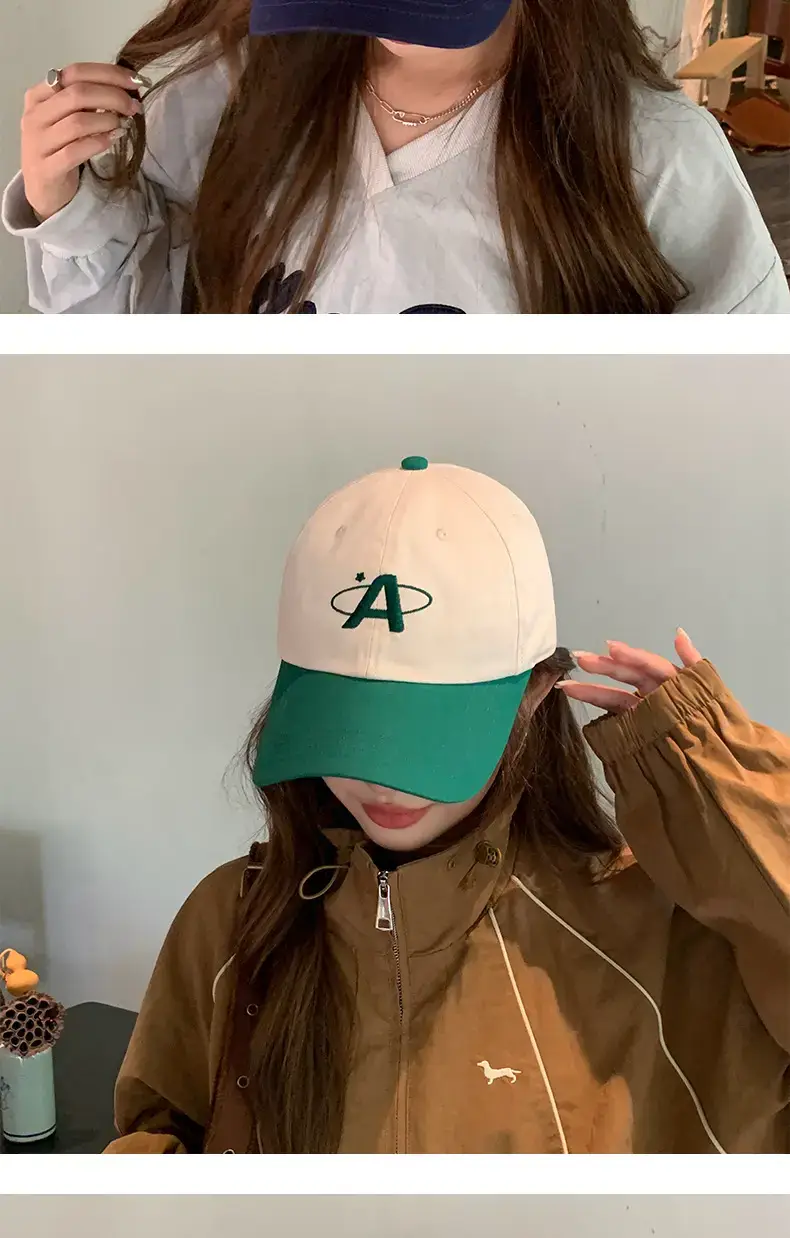 Women Baseball Cap Green White Letter Embroidered Wide Brim — feature 7