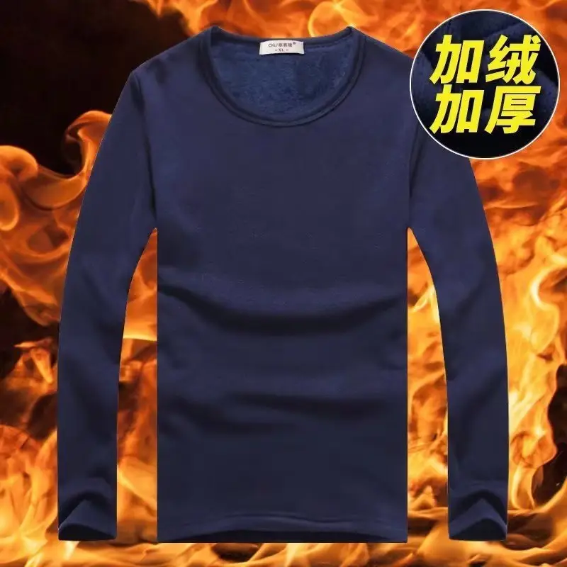 Men Fleece Lined Navy Blue Long Sleeve Shirt - Image 14