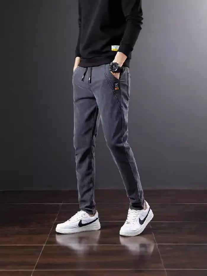 Men Elastic Waist Fleece Jeans Drawstring All-Match 2024 - Image 6