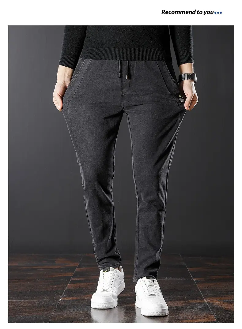 Men Elastic Waist Fleece Jeans Drawstring All-Match 2024 — feature 6