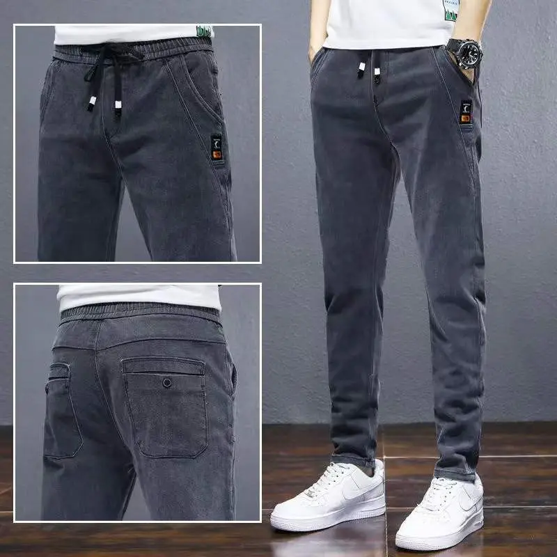 Men Elastic Waist Fleece Jeans Drawstring All-Match 2024 — feature 7