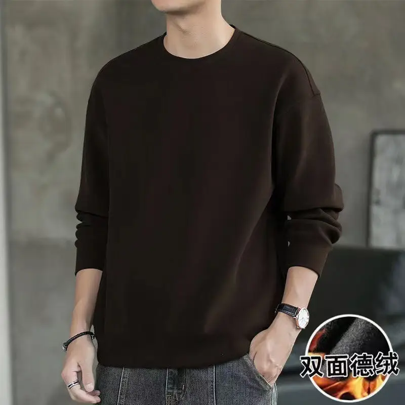 Men Long Sleeve Fleece T-Shirt Brown Double Sided Mock Collar - Image 7