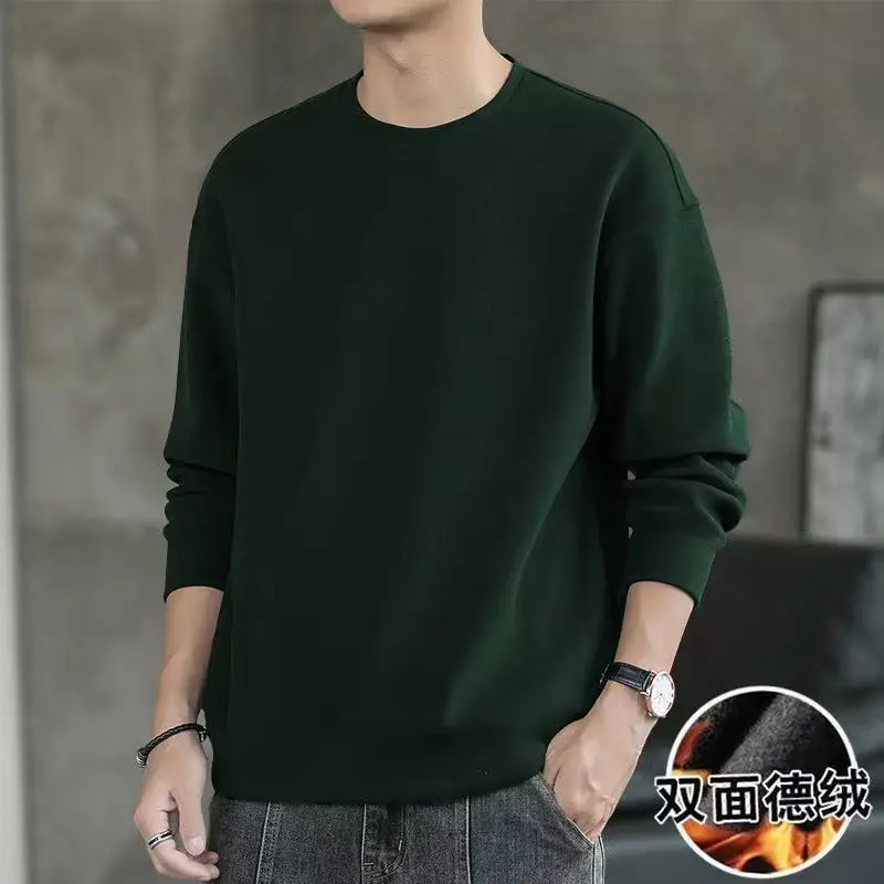 Men Long Sleeve Fleece T-Shirt Brown Double Sided Mock Collar - Image 8