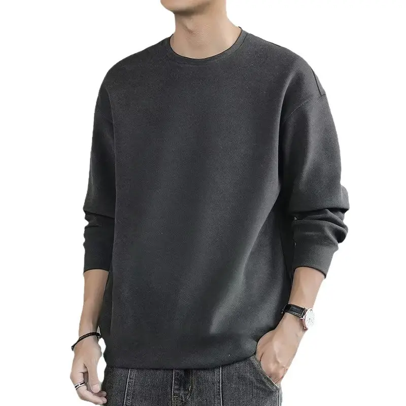 Men Long Sleeve Fleece T-Shirt Brown Double Sided Mock Collar - Image 9