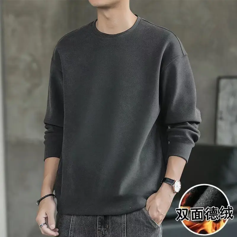 Men Long Sleeve Fleece T-Shirt Brown Double Sided Mock Collar — feature 7
