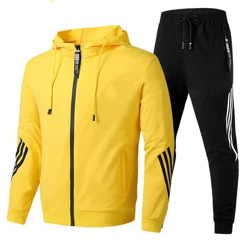 Men Yellow Black Hoodie Pants Set with 3Stripes