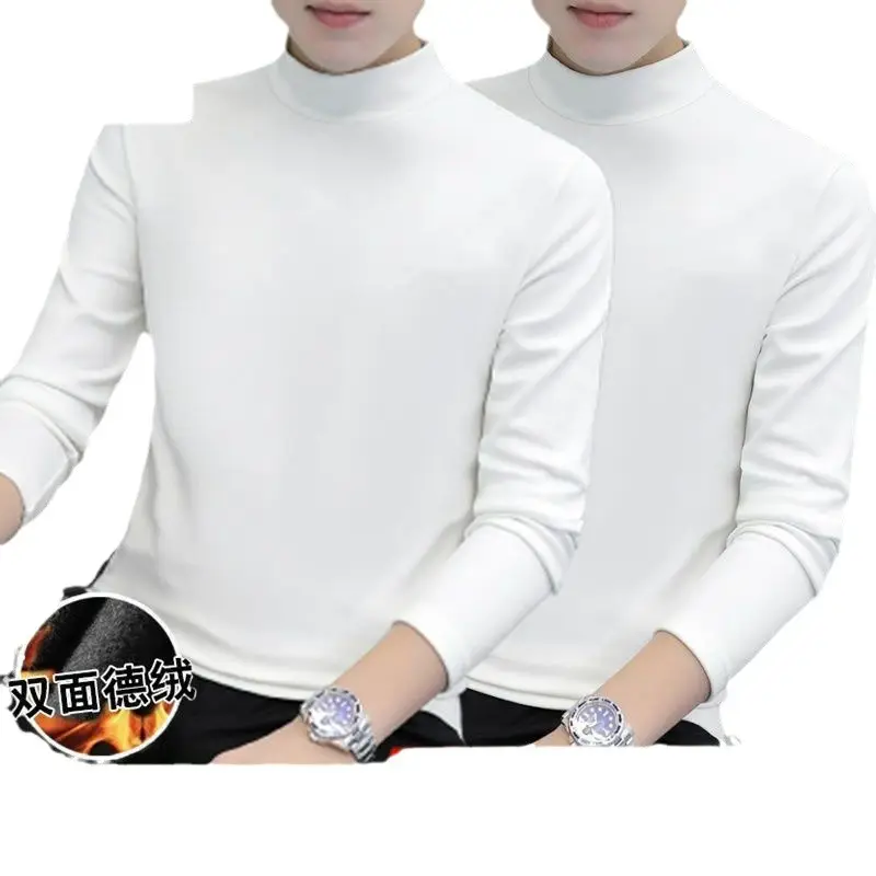 Men's German Velvet Thermal T-Shirt Brown Black Half High Collar - Image 17