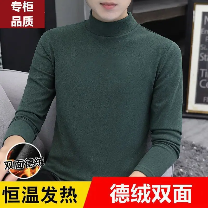 Men's German Velvet Thermal T-Shirt Brown Black Half High Collar - Image 14