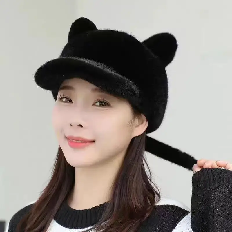 Women's Black Cat Ear Fur Hat for Winter Warm - Image 6