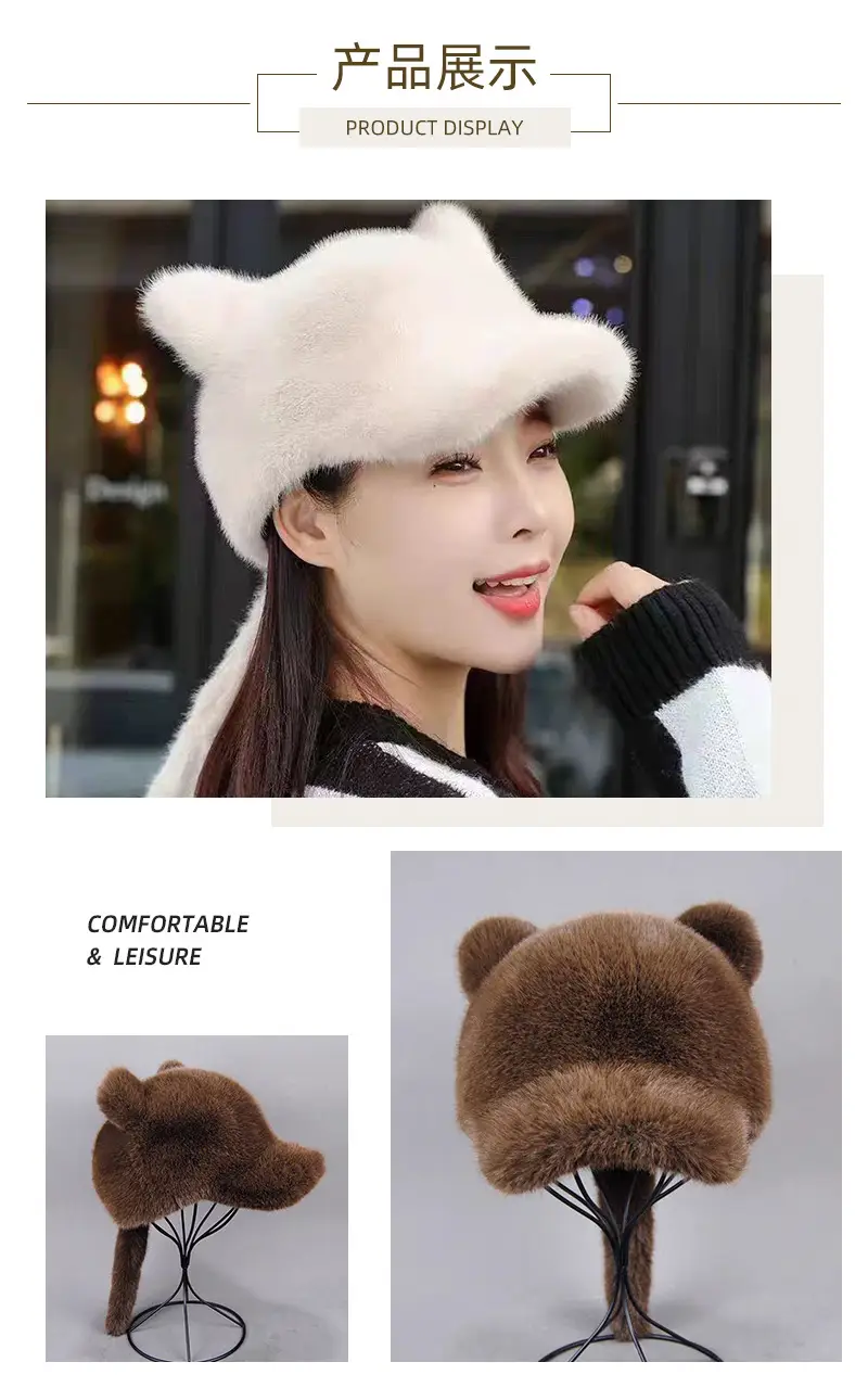 Women's Black Cat Ear Fur Hat for Winter Warm — feature 4