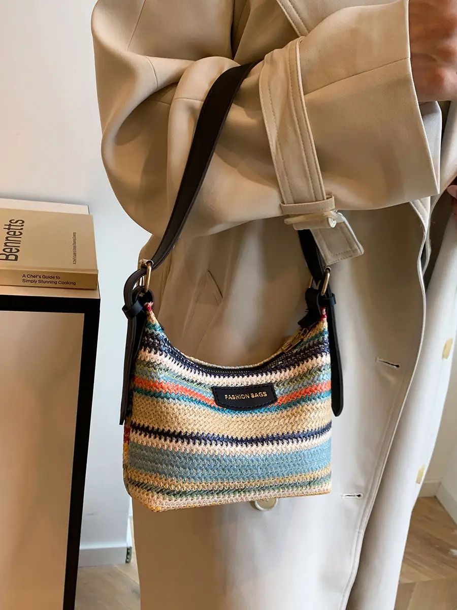 Women's Striped Woven Shoulder Bag 2024 Summer - Image 5