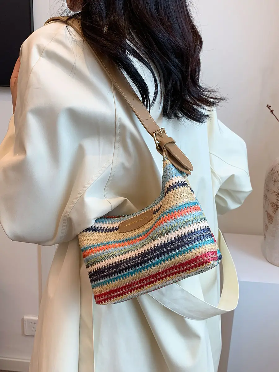 Women's Striped Woven Shoulder Bag 2024 Summer - Image 6