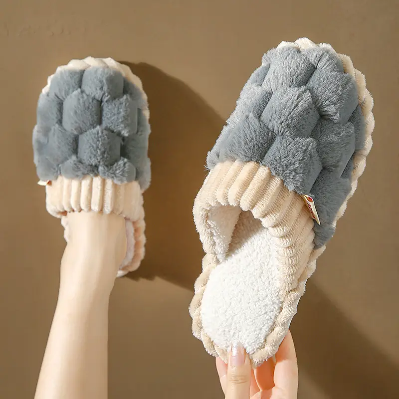 New Cotton Slippers for Men in Autumn and Winter with Heel for Home Indoor Household Thick-Soled Warm Home Non-Slip Woolen Cotton Shoes for Women