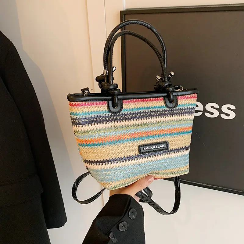 French Straw Woven Handbag Black Top Handle