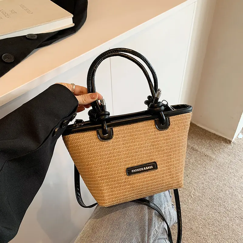 French Straw Woven Handbag Black Top Handle