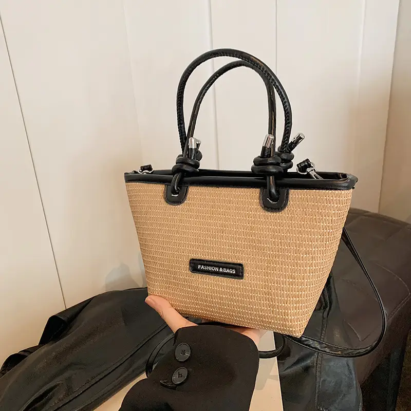 French Straw Woven Handbag Black Top Handle