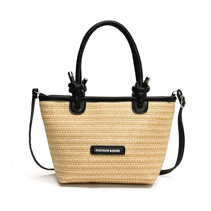 French Straw Woven Handbag Black Top Handle