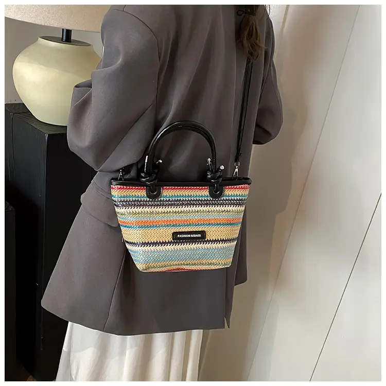 French Straw Woven Handbag Black Top Handle — feature 10
