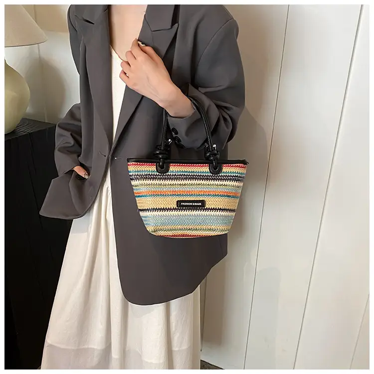 French Straw Woven Handbag Black Top Handle — feature 11