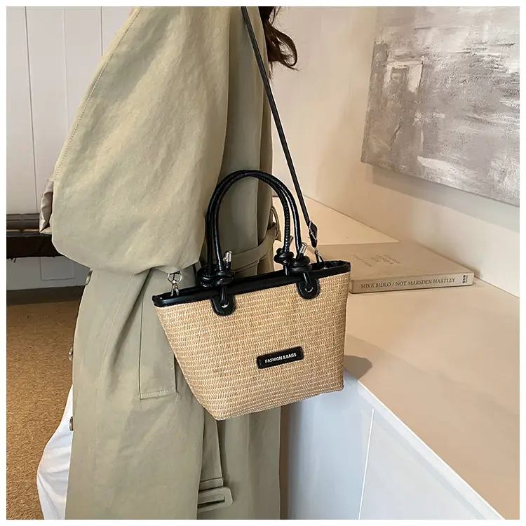 French Straw Woven Handbag Black Top Handle — feature 12