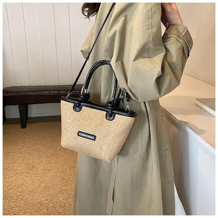 French Straw Woven Handbag Black Top Handle — feature 13