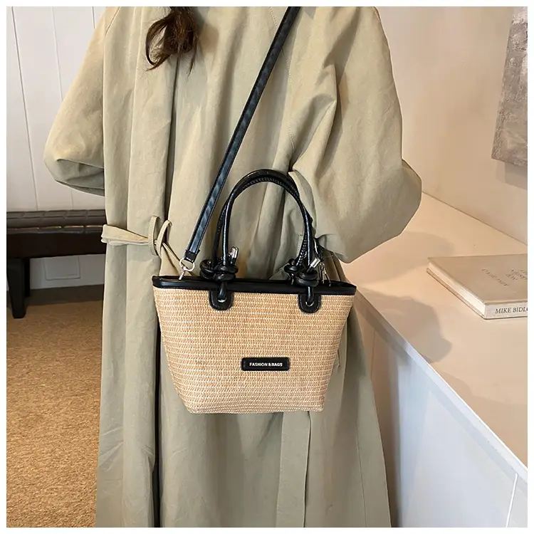 French Straw Woven Handbag Black Top Handle — feature 14