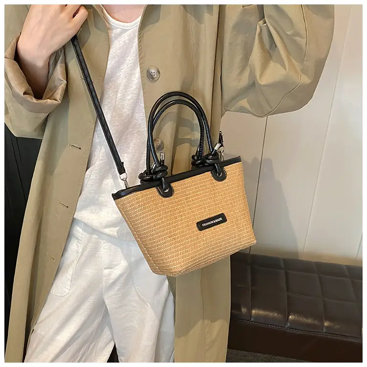 French Straw Woven Handbag Black Top Handle — feature 15