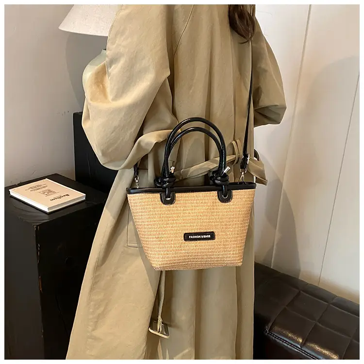 French Straw Woven Handbag Black Top Handle — feature 16