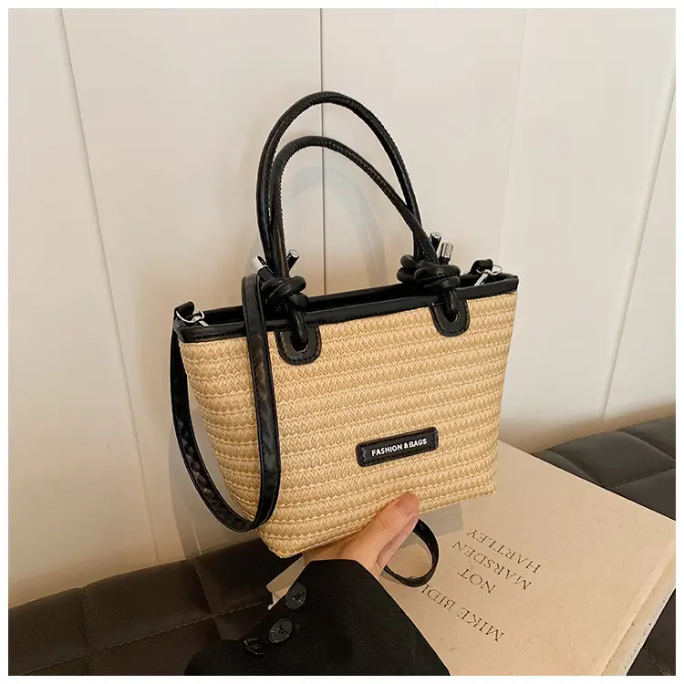 French Straw Woven Handbag Black Top Handle — feature 18