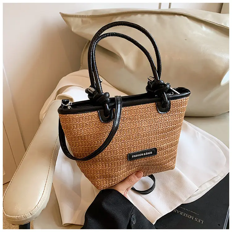 French Straw Woven Handbag Black Top Handle — feature 19