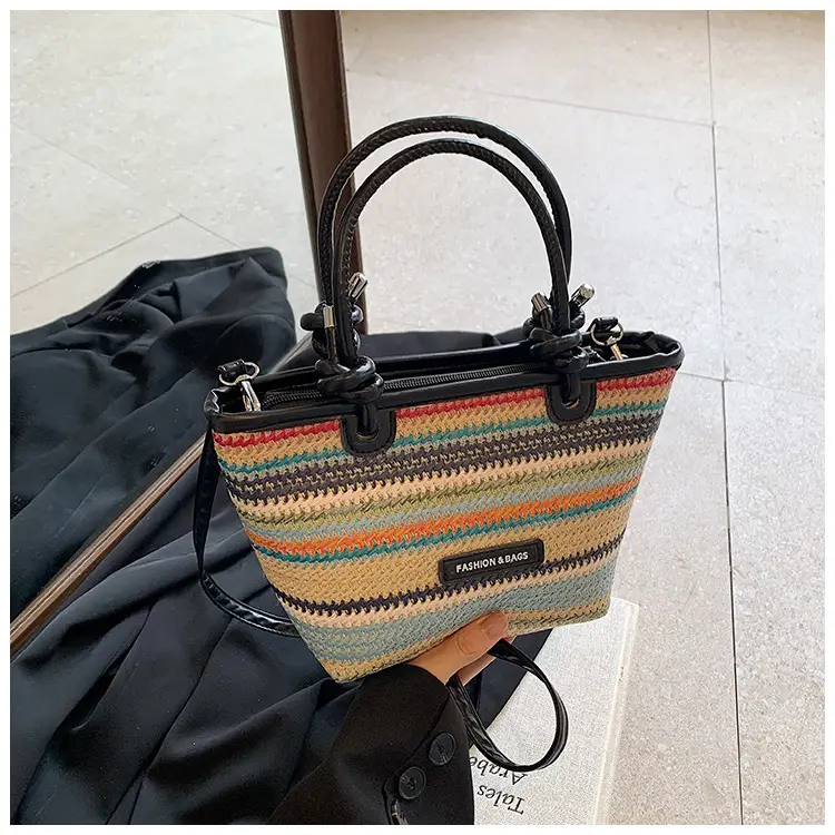 French Straw Woven Handbag Black Top Handle — feature 20