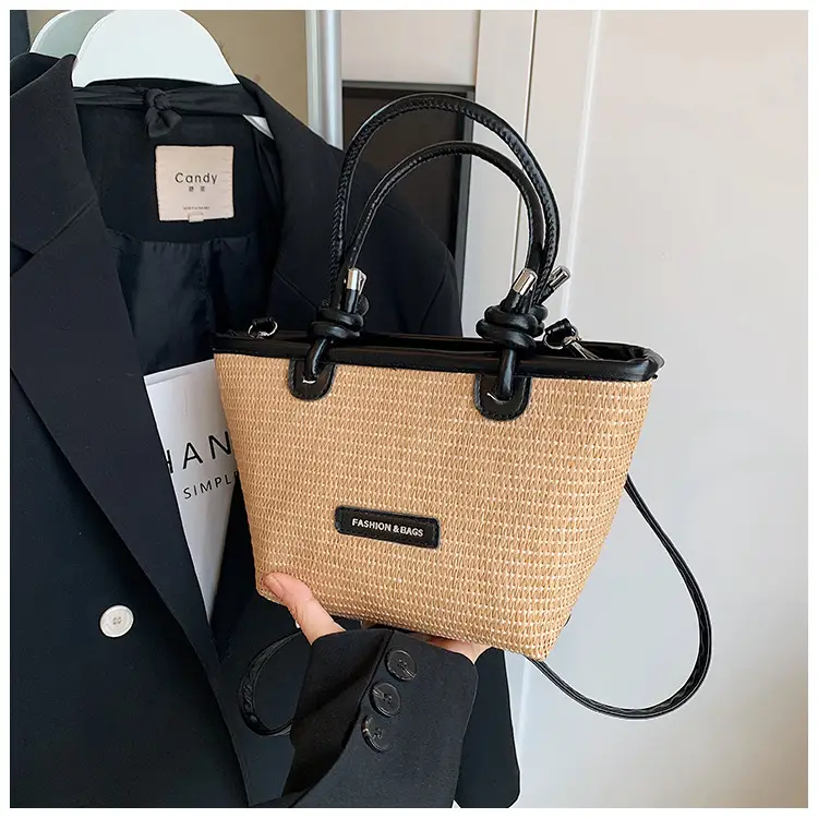 French Straw Woven Handbag Black Top Handle — feature 21