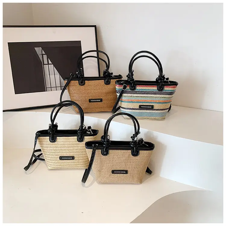 French Straw Woven Handbag Black Top Handle — feature 22