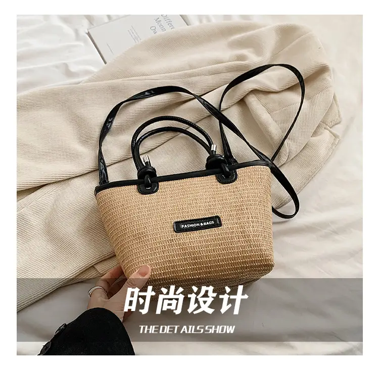 French Straw Woven Handbag Black Top Handle — feature 3