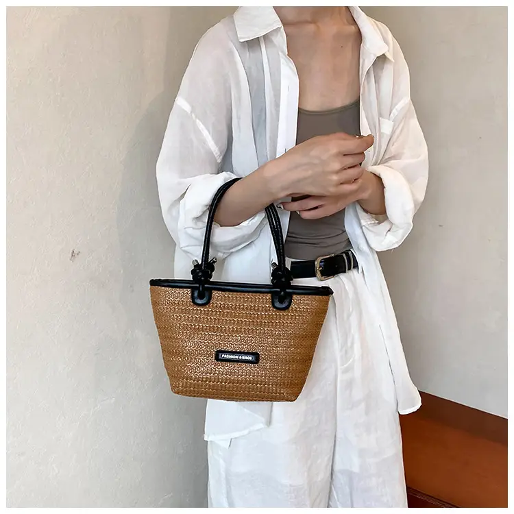 French Straw Woven Handbag Black Top Handle — feature 6