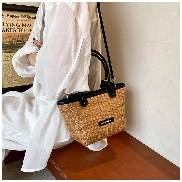 French Straw Woven Handbag Black Top Handle — feature 7