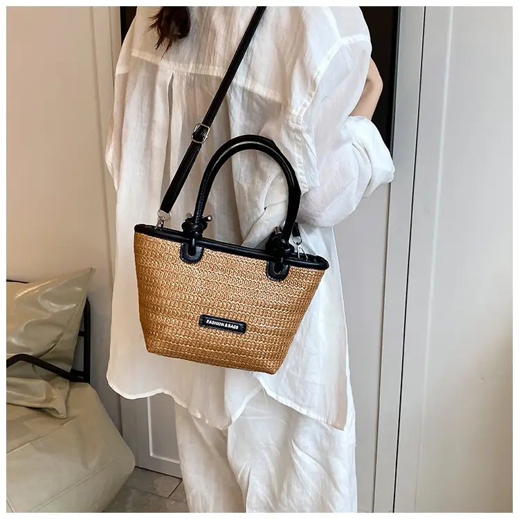 French Straw Woven Handbag Black Top Handle — feature 8