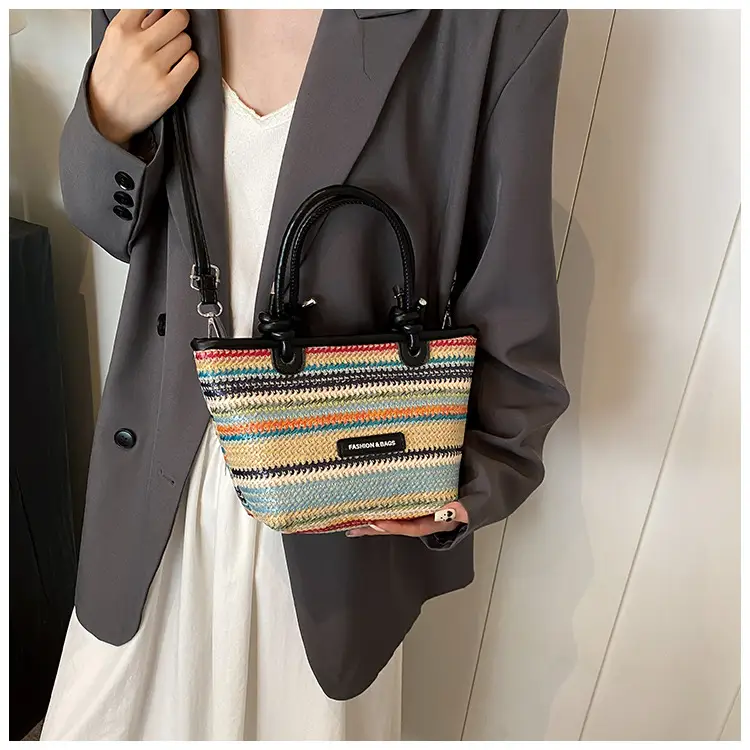 French Straw Woven Handbag Black Top Handle — feature 9