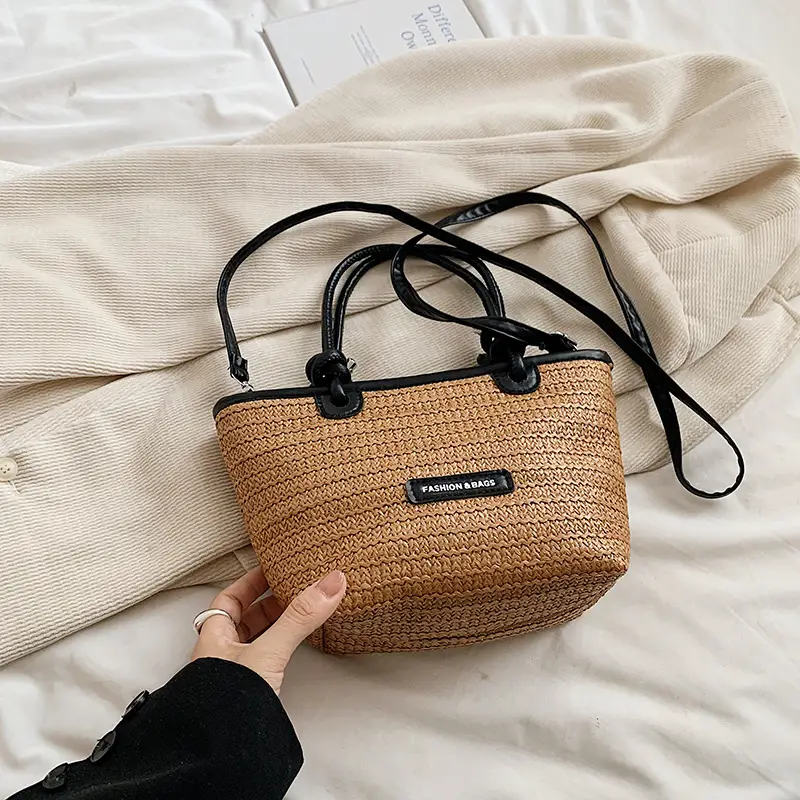 French Straw Woven Handbag Black Top Handle