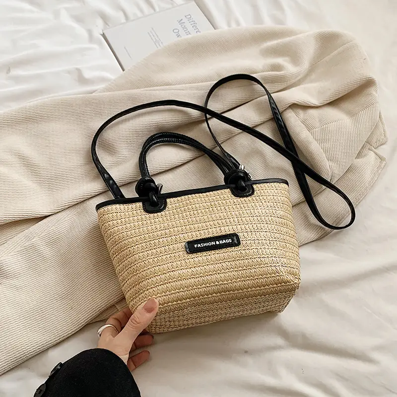 French Straw Woven Handbag Black Top Handle