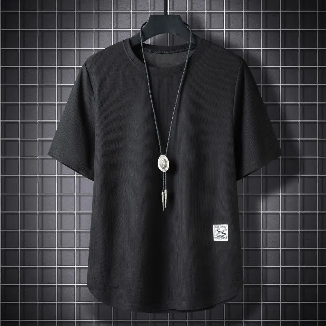 Men Waffle T-Shirt Black White Loose Fit Plus Size - Image 15