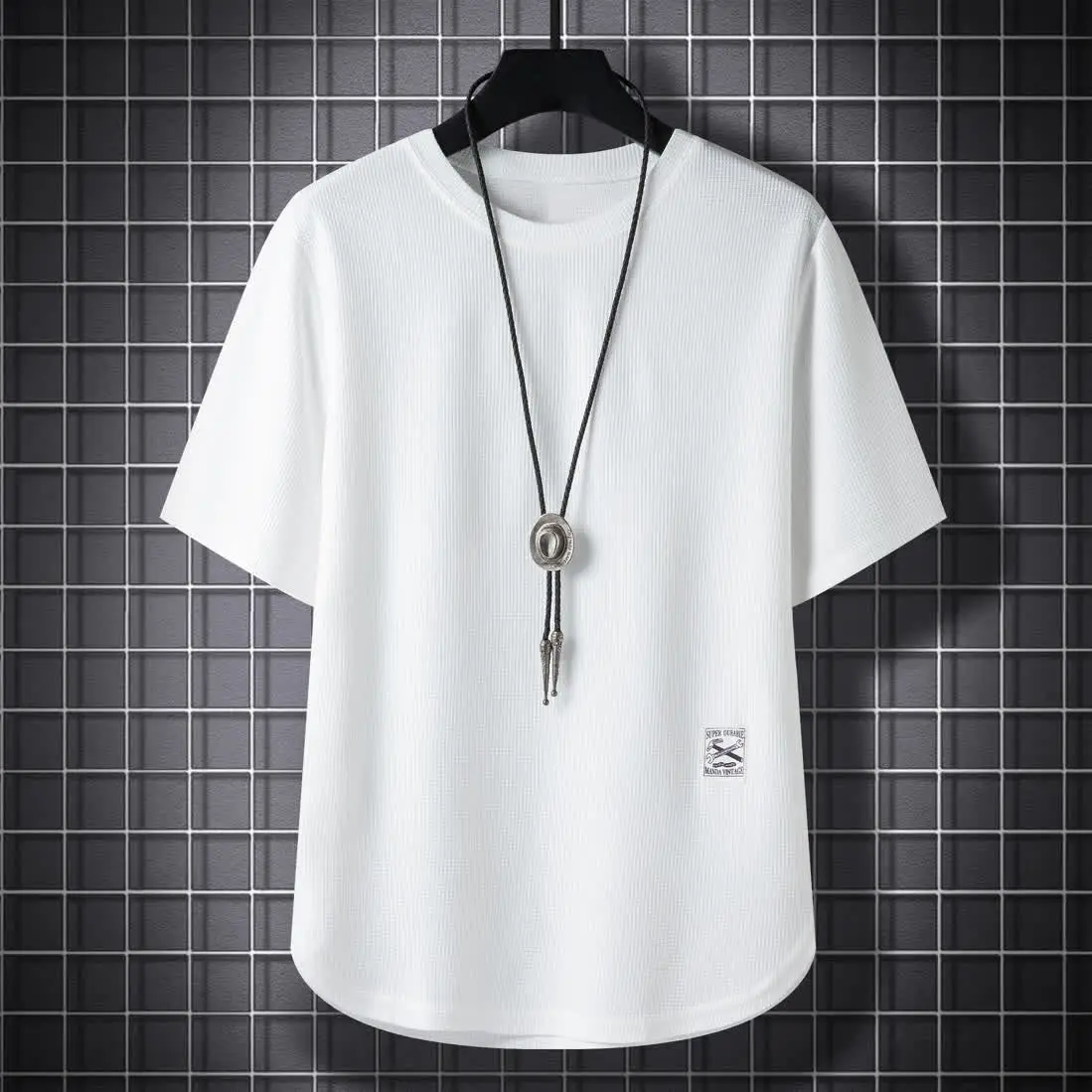 Men Waffle T-Shirt Black White Loose Fit Plus Size - Image 20