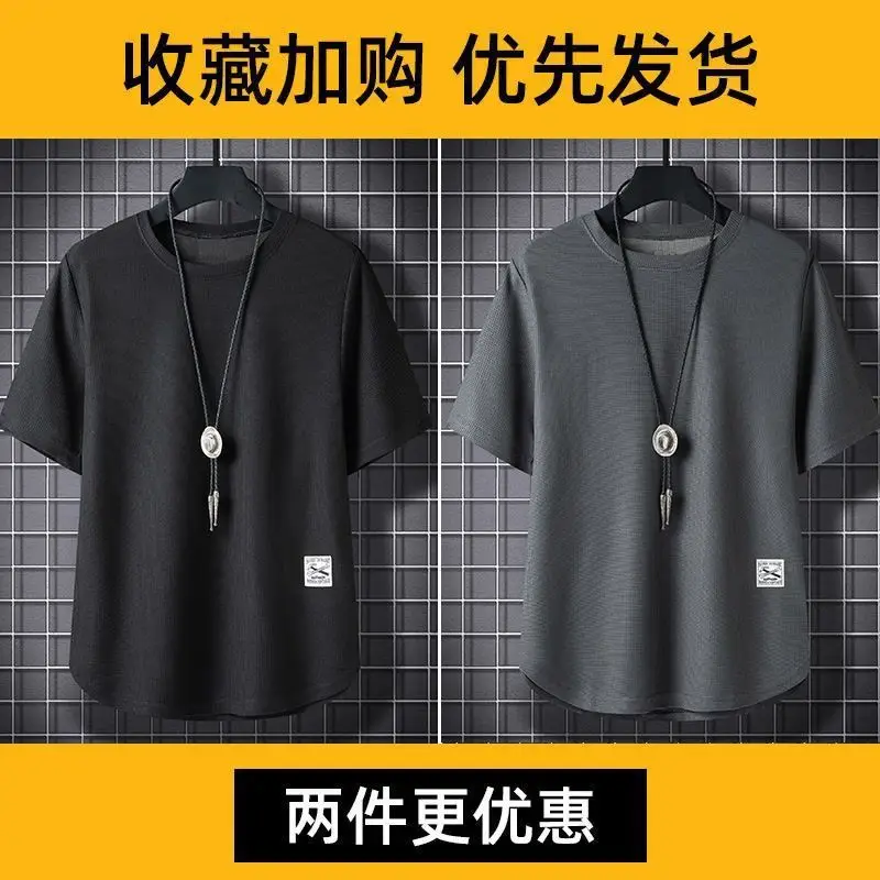Men Waffle T-Shirt Black White Loose Fit Plus Size - Image 5