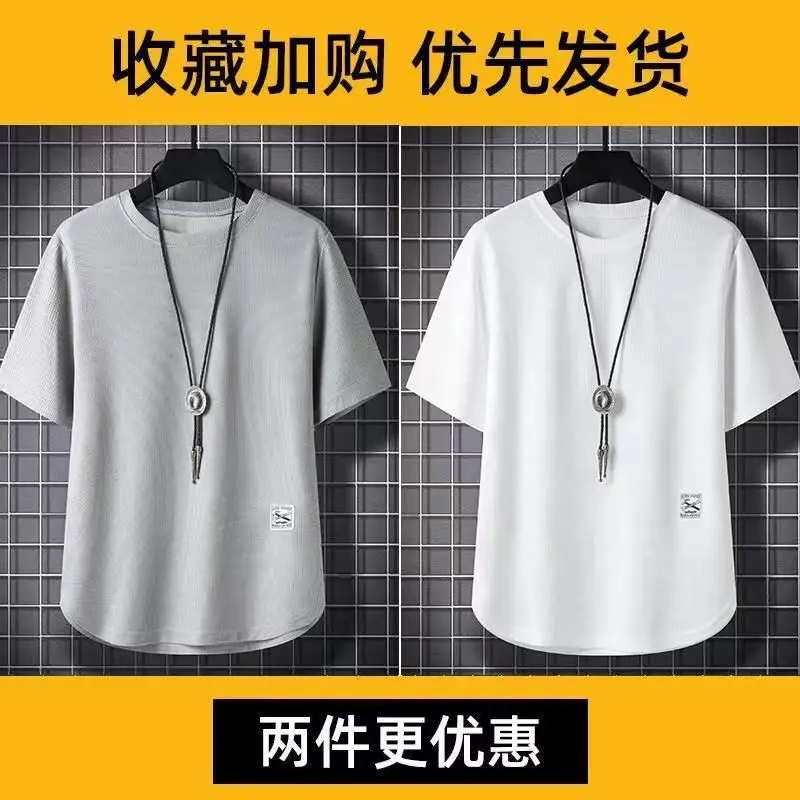 Men Waffle T-Shirt Black White Loose Fit Plus Size - Image 7