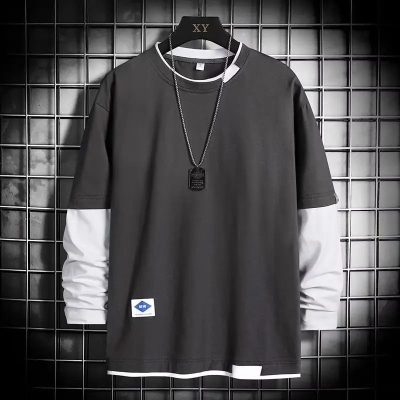 Men Long Sleeve T-Shirt Blue White Loose Fit - Image 23