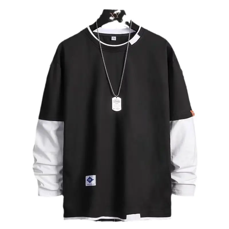 Men Long Sleeve T-Shirt Blue White Loose Fit - Image 25