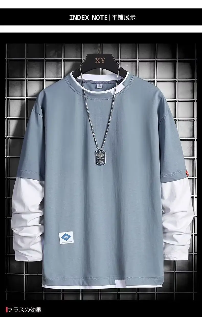 Men Long Sleeve T-Shirt Blue White Loose Fit — feature 10
